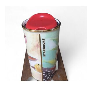 Starbucks Floral Travel Coffee Mug with Lid Ceramic 10 fl oz Gold Trim‎